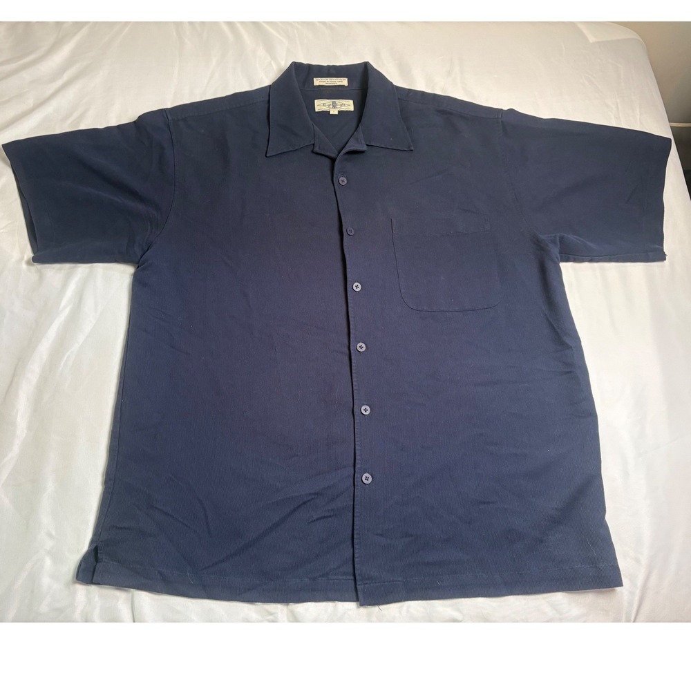 Eight Eight Button Down Men Large Navy Excellent Short Sleeve Rayon Blend Shirt
